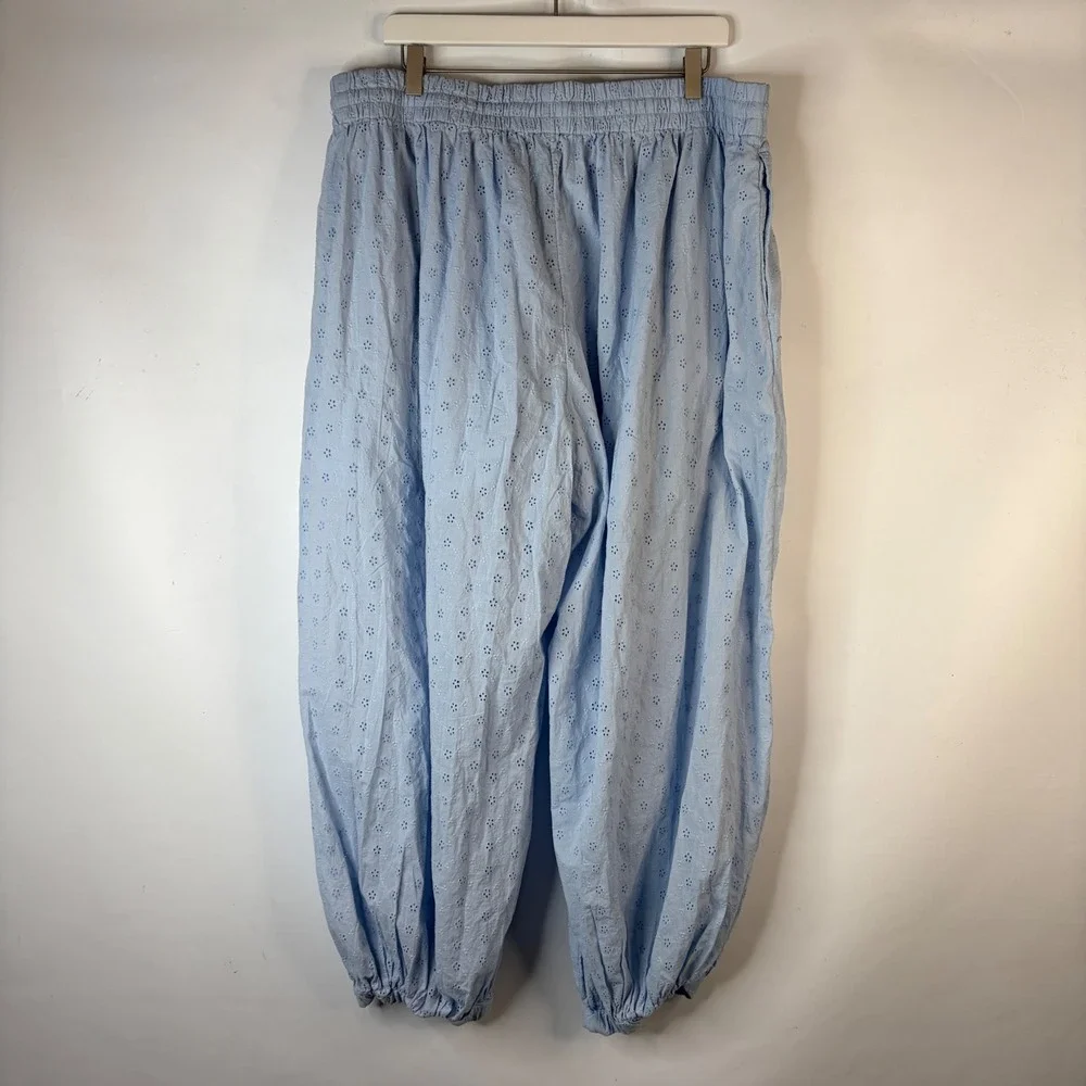 Scoop Eyelet Pants Women XXL 20 Light Blue Cotton Balloon Drawstring Boho